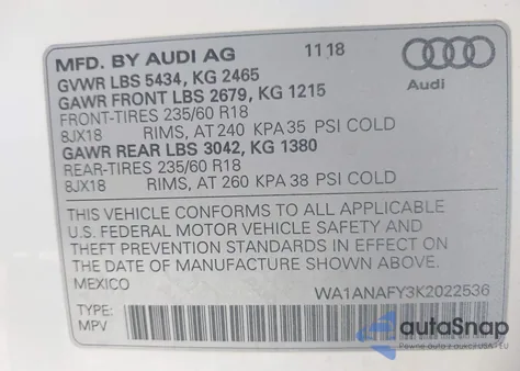 2019 Audi Q5 45 Premium z USA, uszkodzony, nr VIN WA1ANAFY3K2022536